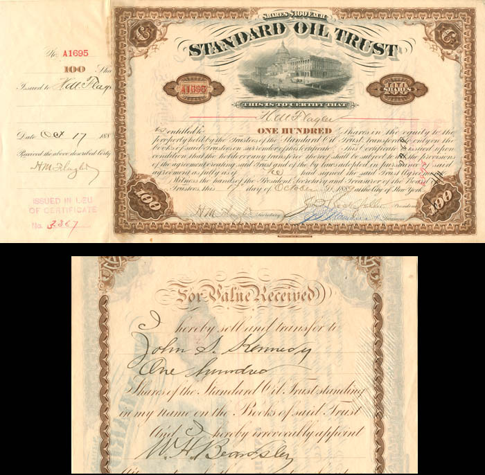 Standard Oil Trust Issued to and Signed 3 times by H.M. Flagler - Stock Certificate